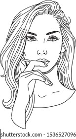 Vector line drawing illustration.  Young woman face vector illustration. Magazine graphic.