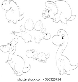 Vector line drawing illustrations of cartoon dinosaurs or baby dinos.