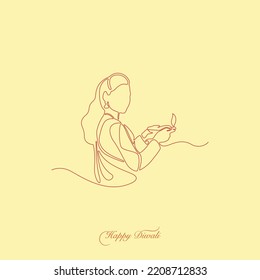 Vector Line Drawing Of Indian Lady Holding Diya For Happy Diwali