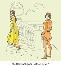 Vector line drawing of Juliet on the stairs while Romeo gazes at her.