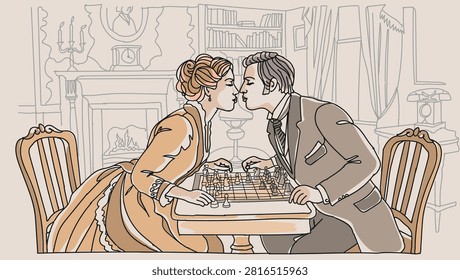 Vector line drawing of a kiss during a game of chess