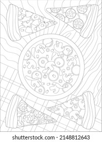 Vector line drawing large pizza four slices sitting table. Digital lineart image tasty pie meal served patterned wooden counter. Outline artwork design dinner serving.