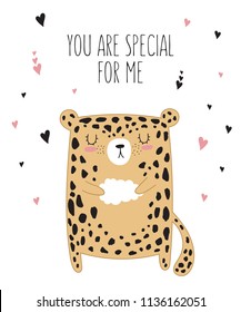 Vector line drawing leopard with slogan about friend. Doodle illustration. Friendship day, Valentine's, anniversary, baby shower, birthday, children's party