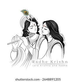 A vector line drawing of Lord Krishna and Radha, Vector Illustration of Indian God, A beautiful couple vector sketch