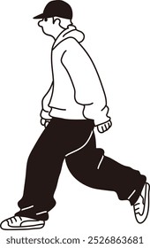 Vector line drawing of man with hat, walking, sideways