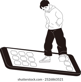 Desenho vetorial de um homem olhando para um telefone celular