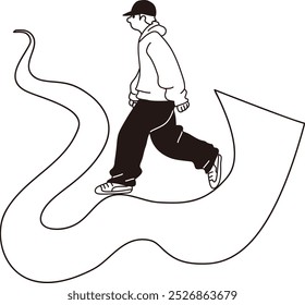 Vector line drawing of man on street, hat, walking, sideways