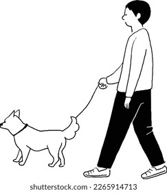 Vector line drawing of a man walking his dog