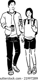 Vector line drawing of man and woman holding coffee