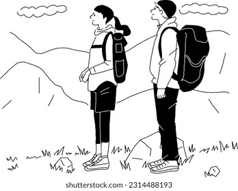 Vector line drawing of a man and woman climbing a mountain