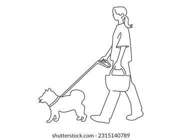 A vector line drawing material of a woman walking with a Shiba Inu, the owner and the beloved dog.