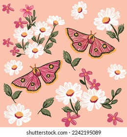 vector line drawing of moth illustration leaves branches daisies and wildflowers embroidered with salmon background