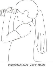 Vector line drawing of one young business woman holding binoculars