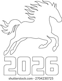 Vector line drawing (outline) of the year 2026 and the symbol of this year - the horse (Chinese New Year). Ideal for coloring pages, greeting cards, and festive design.