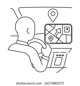 Desenho em linha vetorial de uma pessoa que conduz um carro utilizando um mapa digital e um sistema de navegação. Viagens modernas, rastreamento GPS e conceito de tecnologia de direção.