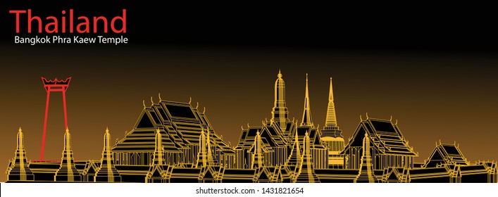 Vector line drawing of Phra Kaew temple, Bangkok, Thailand