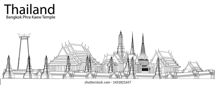 Vector line drawing of Phra Kaew temple, Bangkok, Thailand