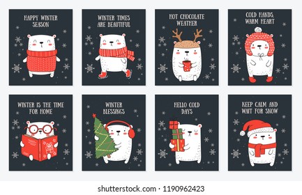 Vector line drawing postcard collection of cute winter bears and cozy slogan in flat design. Doodle illustration. Winter holidays, baby shower, birthday, children's party
