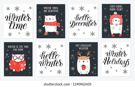 Vector line drawing postcard collection of cute winter bears and cozy slogan in flat design. Doodle illustration. Winter holidays, baby shower, birthday, children's party
