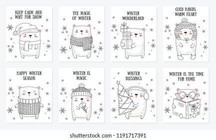 Vector line drawing postcard collection of cute winter bears and cozy slogan in flat design. Doodle illustration. Winter holidays, baby shower, birthday, children's party

