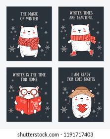 Vector line drawing postcard collection of cute winter bears and cozy slogan in flat design. Doodle illustration. Winter holidays, baby shower, birthday, children's party
