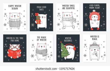 Vector line drawing postcard collection of cute winter bears and cozy slogan in flat design. Doodle illustration. Winter holidays, baby shower, birthday, children's party
