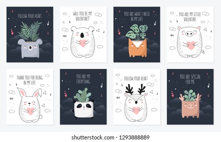Vector line drawing postcard collection with cute animals and plants. Doodle illustration. Valentine's day, anniversary, baby shower, birthday, children's party