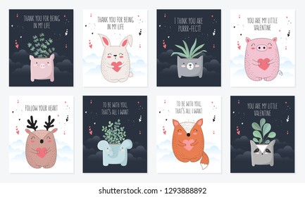 Vector line drawing postcard collection with cute animals and plants. Doodle illustration. Valentine's day, anniversary, baby shower, birthday, children's party
