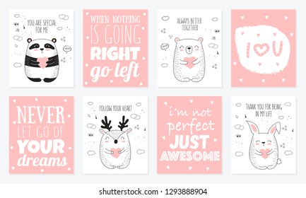 Vector line drawing postcard collection with cute animals and lettering. Doodle illustration. Valentine's day, anniversary, baby shower, birthday, children's party