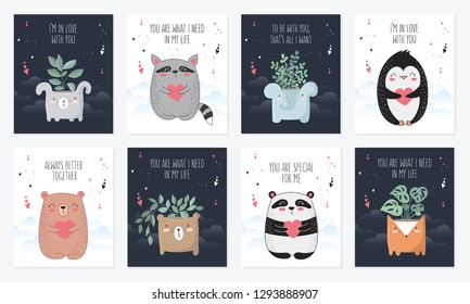 Vector line drawing postcard collection with cute animals and plants. Doodle illustration. Valentine's day, anniversary, baby shower, birthday, children's party