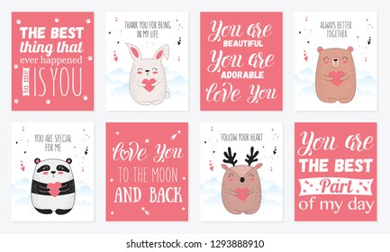 Vector line drawing postcard collection with cute animals and hearts. Doodle illustration. Valentine's day, anniversary, baby shower, birthday, children's party