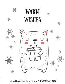 Vector line drawing postcard with cute winter bear and cozy slogan in flat design. Doodle illustration. Winter holidays, baby shower, birthday, children's party
