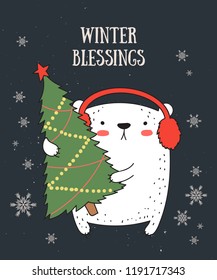 Vector line drawing postcard with cute winter bear and cozy slogan in flat design. Doodle illustration. Winter holidays, baby shower, birthday, children's party
