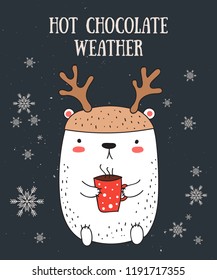 Vector line drawing postcard with cute winter bear and cozy slogan in flat design. Doodle illustration. Winter holidays, baby shower, birthday, children's party
