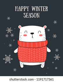 Vector line drawing postcard with cute winter bear and cozy slogan in flat design. Doodle illustration. Winter holidays, baby shower, birthday, children's party
