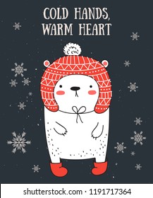 Vector line drawing postcard with cute winter bear and cozy slogan in flat design. Doodle illustration. Winter holidays, baby shower, birthday, children's party
