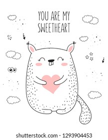 Vector line drawing poster with cute squirrel and heart. Doodle illustration. Valentine's day, anniversary, baby shower, birthday, children's party