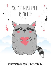 Vector line drawing poster with cute raccoon and heart. Doodle illustration. Valentine's day, anniversary, baby shower, birthday, children's party