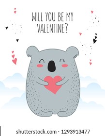 Vector line drawing poster with cute koala and heart. Doodle illustration. Valentine's day, anniversary, baby shower, birthday, children's party
