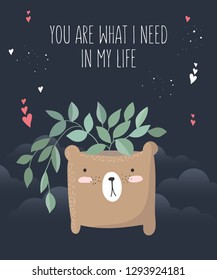 Vector line drawing poster with cute bear and plant. Doodle illustration. Valentine's day, anniversary, baby shower, birthday, children's party
