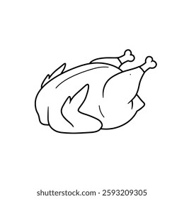Vector line drawing of a roasted whole chicken, isolated on a white background. Perfect for menus, recipes, food illustrations, and restaurant branding
