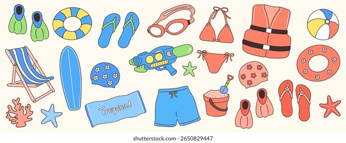 Vector línea de dibujo Conjunto de accesorios de playa para vacaciones de verano