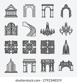 Vector line drawing set featuring church windows crosses and religious symbols in monochrome