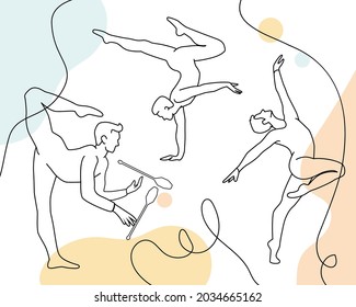 Vector line drawing set of male rhythmic gymnasts on colorful abstract background.