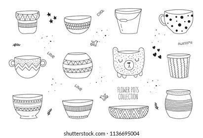 Vector line drawing set of pots. Hand drawn doodle illustration. Friendship day, Valentine's, anniversary, baby shower, birthday, children's party