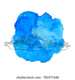 vector line drawing shipsat blue watercolor background, hand drawn illustration

