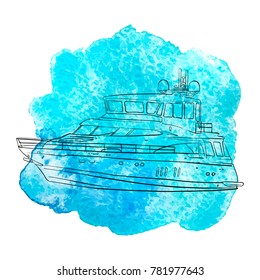 vector line drawing shipsat blue watercolor background, hand drawn illustration
