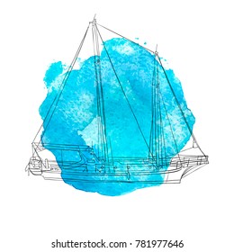 vector line drawing shipsat blue watercolor background, hand drawn illustration
