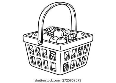 Vector line drawing of shopping basket filled with various types of berries. Simple outline and minimalist design.
