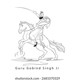 Dibujo de línea de Vector de Shri Guru Gobind Singh, una ilustración del décimo gurú sij, Una línea de arte de la Imagen de adoración religiosa sij
